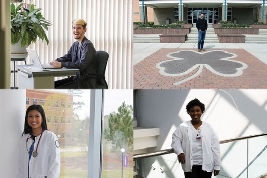 Some of the students in MGA healthcare degree programs. Clockwise are Matt Samson, occupational therapy assistant; Freeman Shepard, nursing; Taylor Nelson, nursing; and Lumpoun Tello, respiratory therapy. Shepard is shown on the Dublin Campus, which MGA is transforming into a healthcare degree program hub.